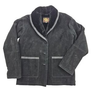 Vintage Learsi Black Suede Leather Faux Fur Trim Jacket Coat M